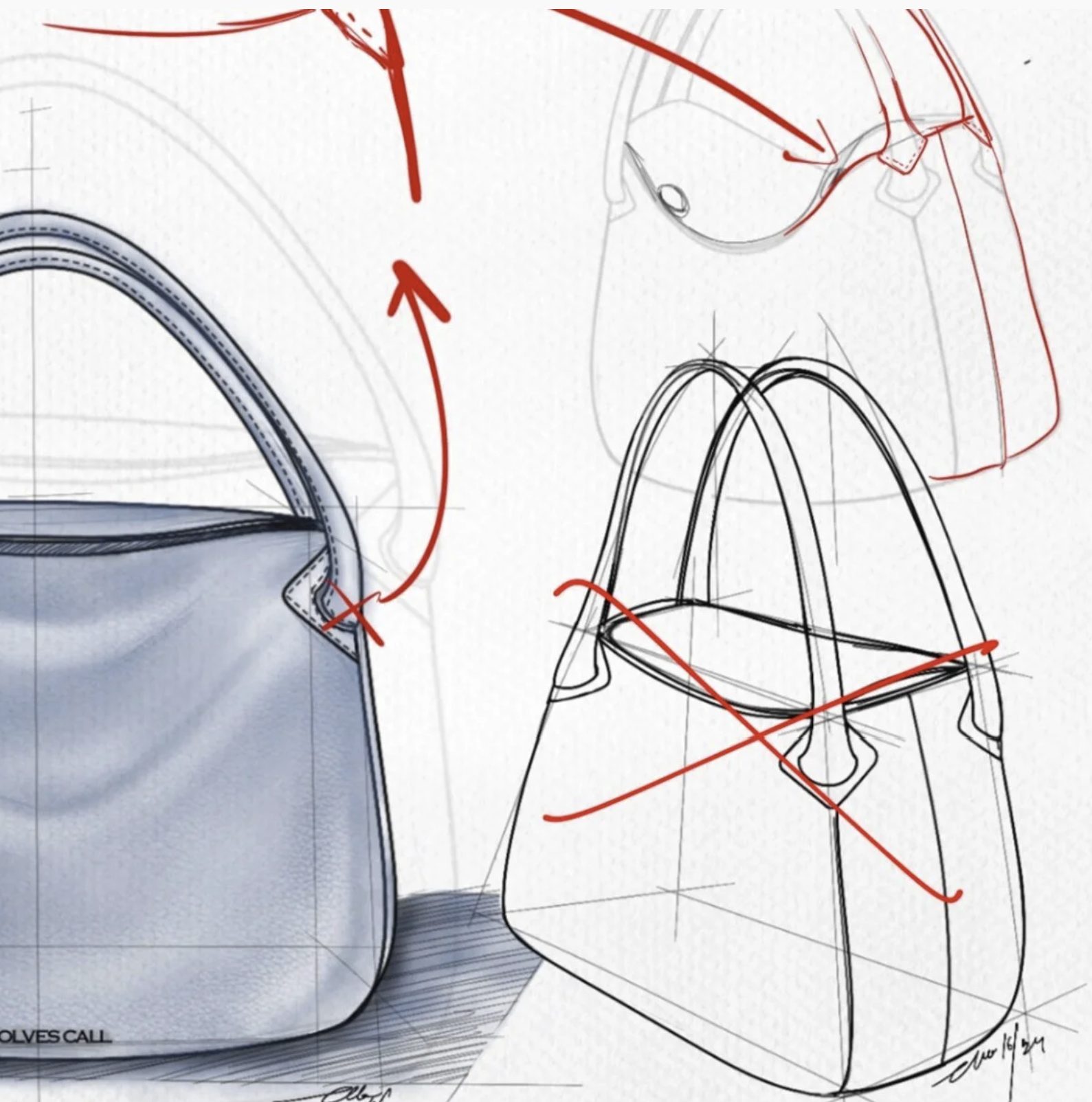 Wolves Call handbag design sketches with red annotation marks refining the handle and silhouette