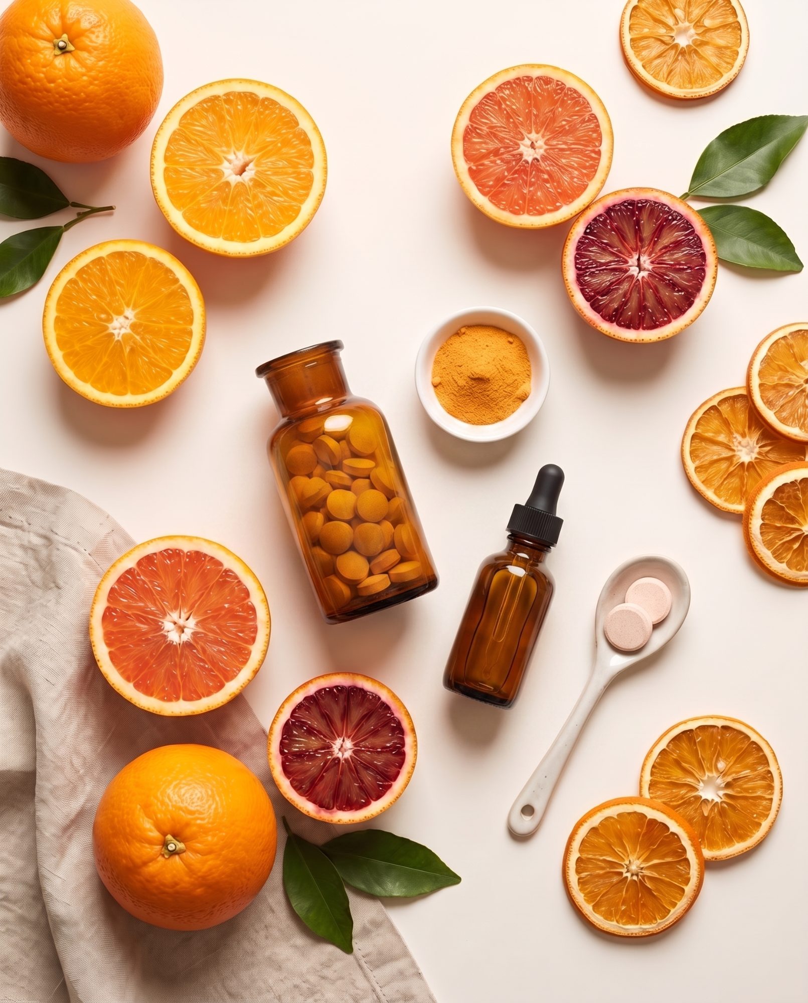 Sliced oranges, blood oranges, and vitamin C dropper as props for the Quench serum