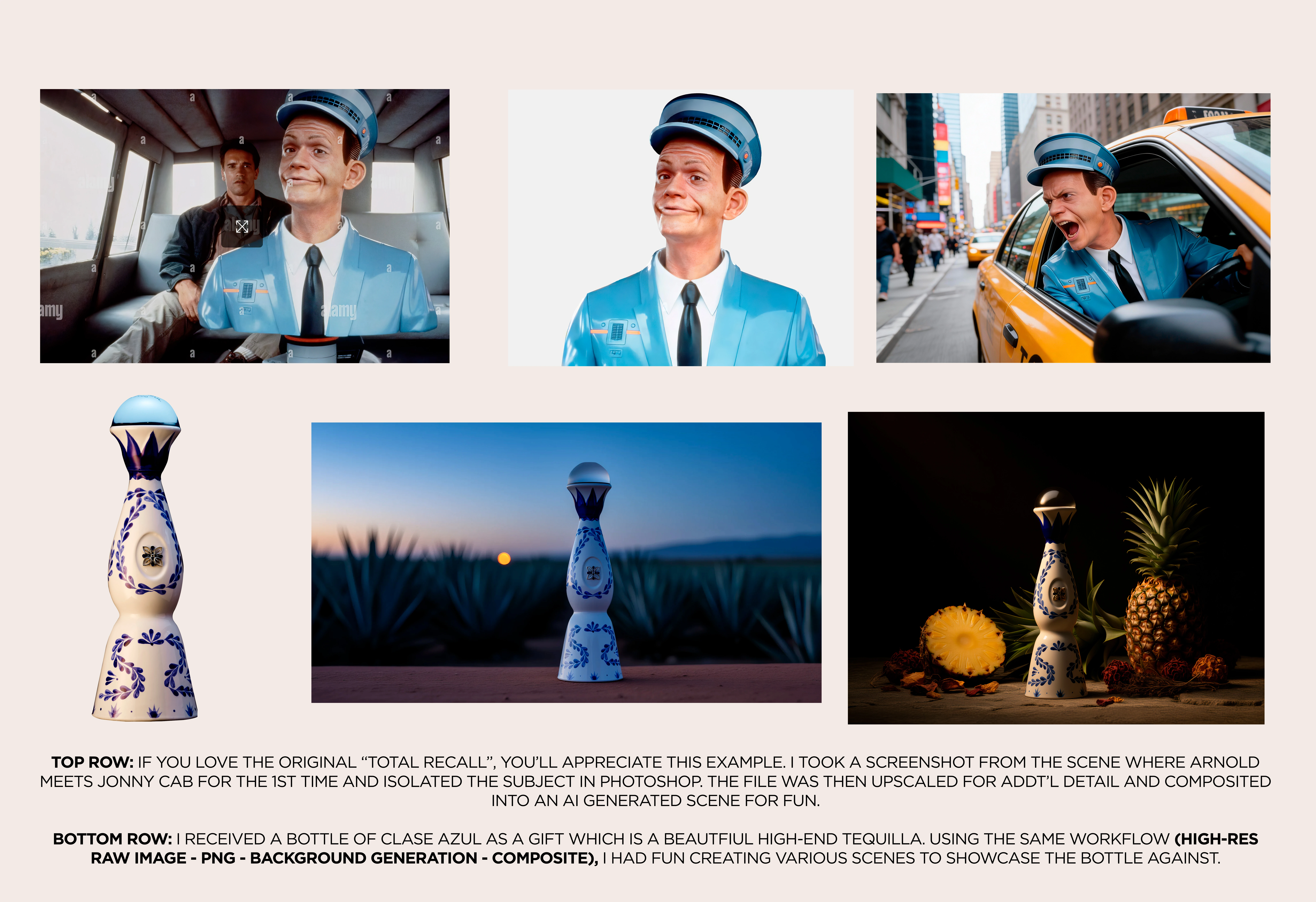 Extra examples — a Total Recall Johnny Cab figure and a Clase Azul tequila bottle isolated in Photoshop and composited into AI-generated scenes using the same high-res PNG workflow.
