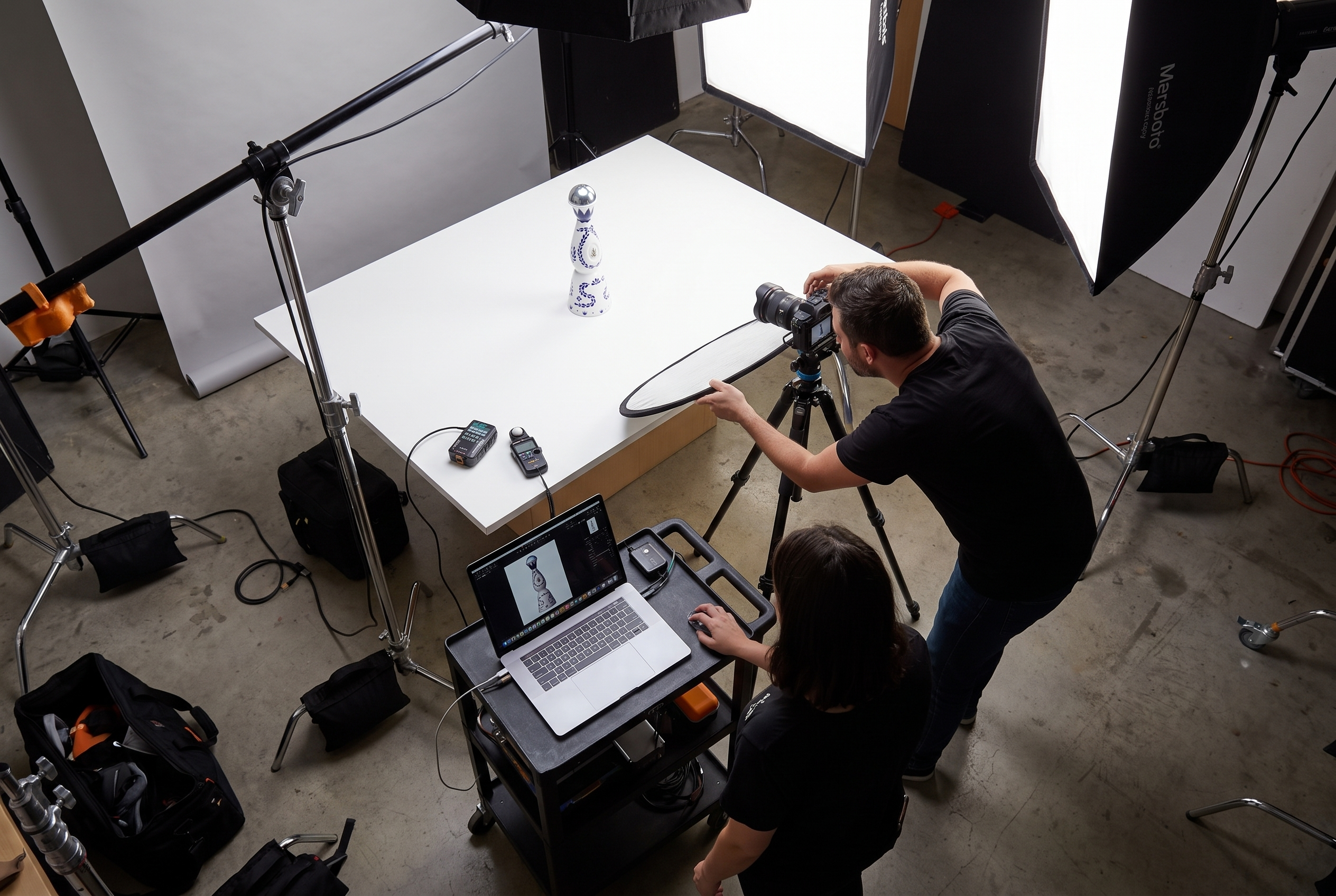 Overhead view of a commercial product photography studio — a bottle on a lit sweep, a tethered laptop showing the live capture, softboxes and stands around the set