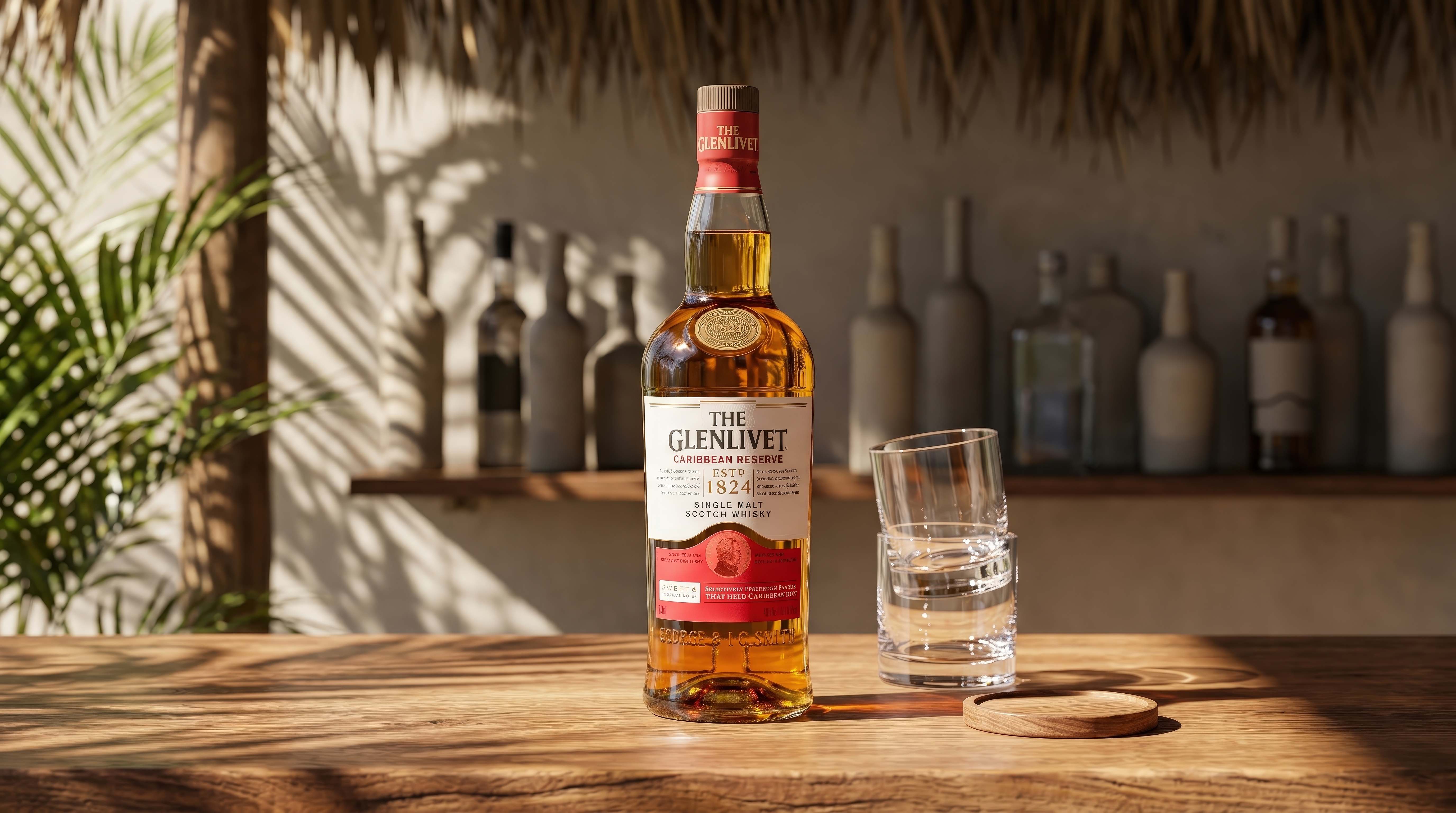 The Glenlivet Caribbean Reserve single malt bottle and glass on a wooden bar under a thatched roof