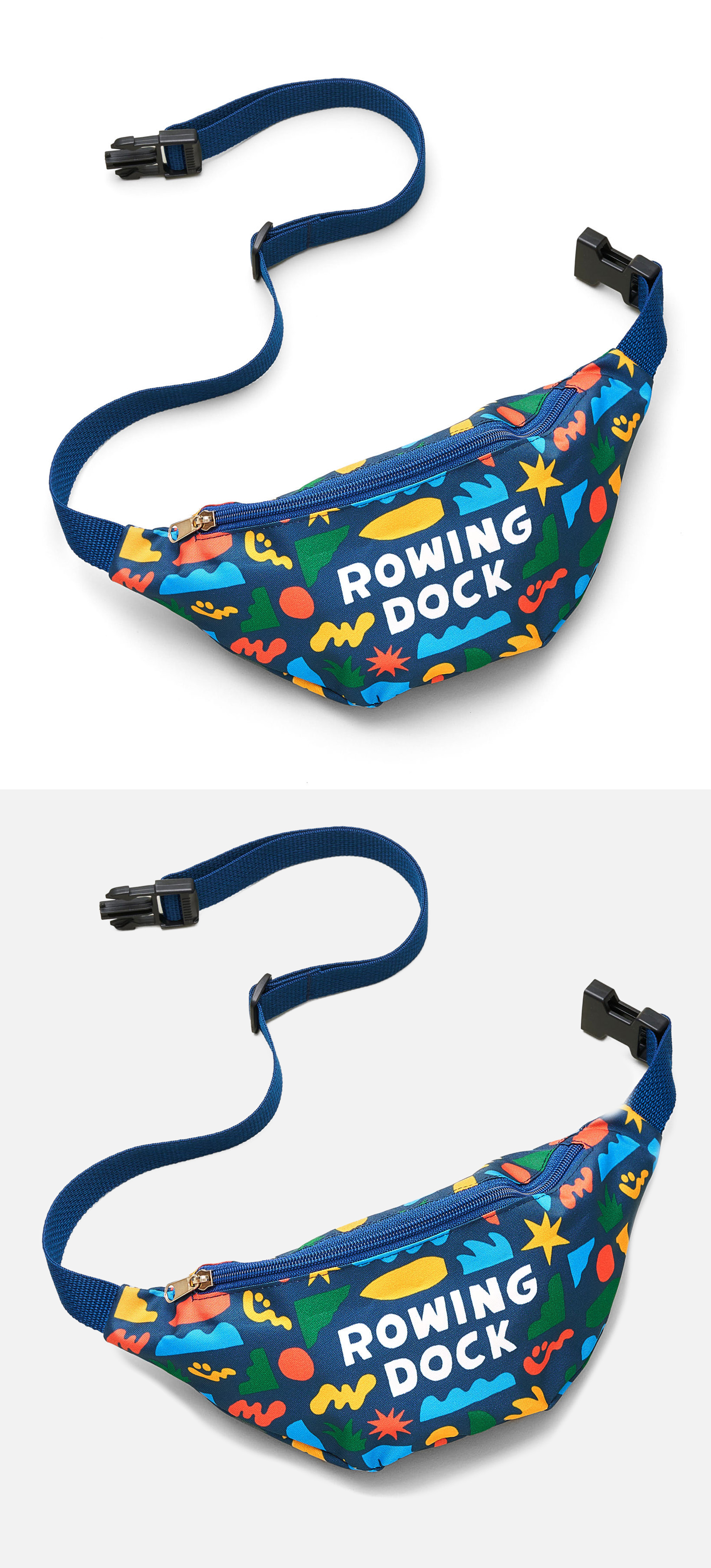 Rowing Dock printed waist pack shown on an off-white lightbox background versus a pure white background
