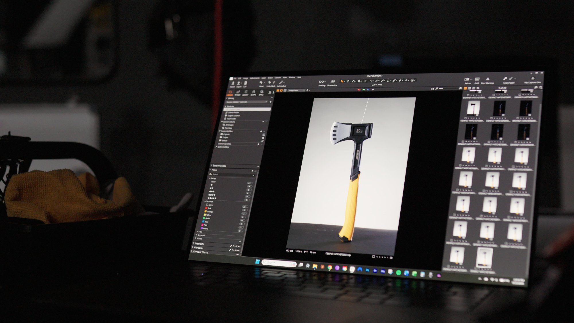 Tethered laptop running the capture session — 23 hatchet frames coming in live