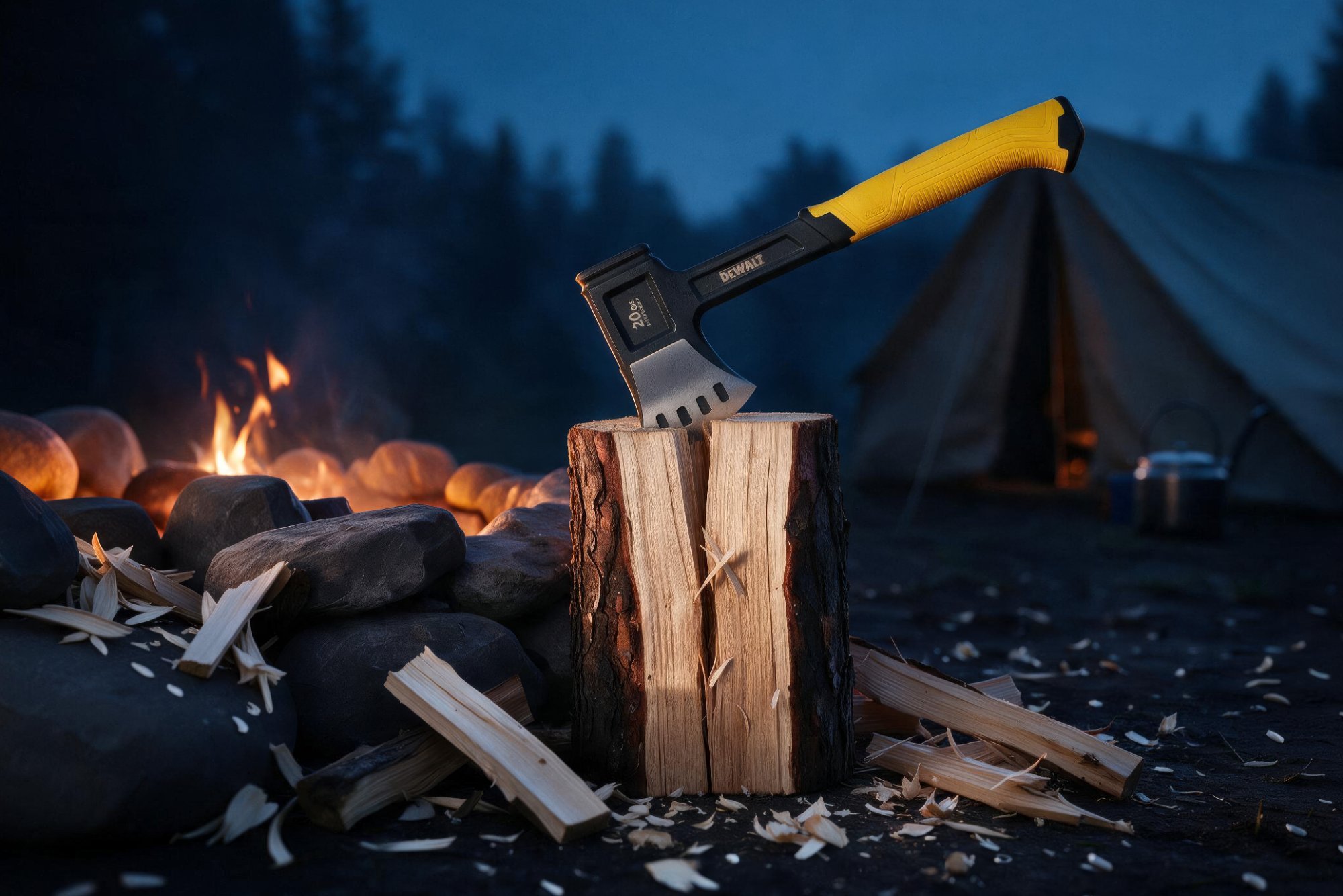 Final composite — the photographed hatchet in a split log at a campsite at dusk, campfire burning behind