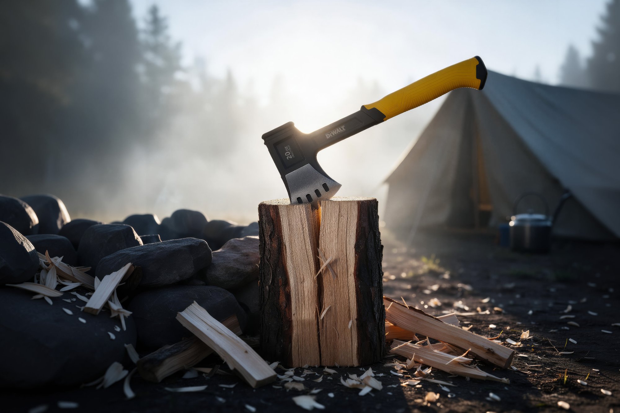 The same campsite scene at sunrise — one frame of the sunrise-to-sunset time-lapse built from the still library