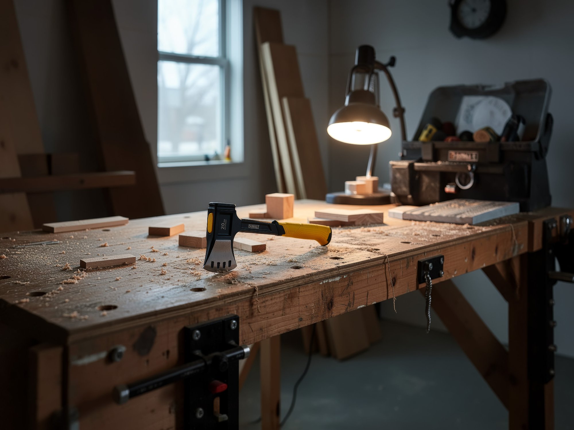 The hatchet on a home workshop bench under a desk lamp, wood blocks and sawdust around it