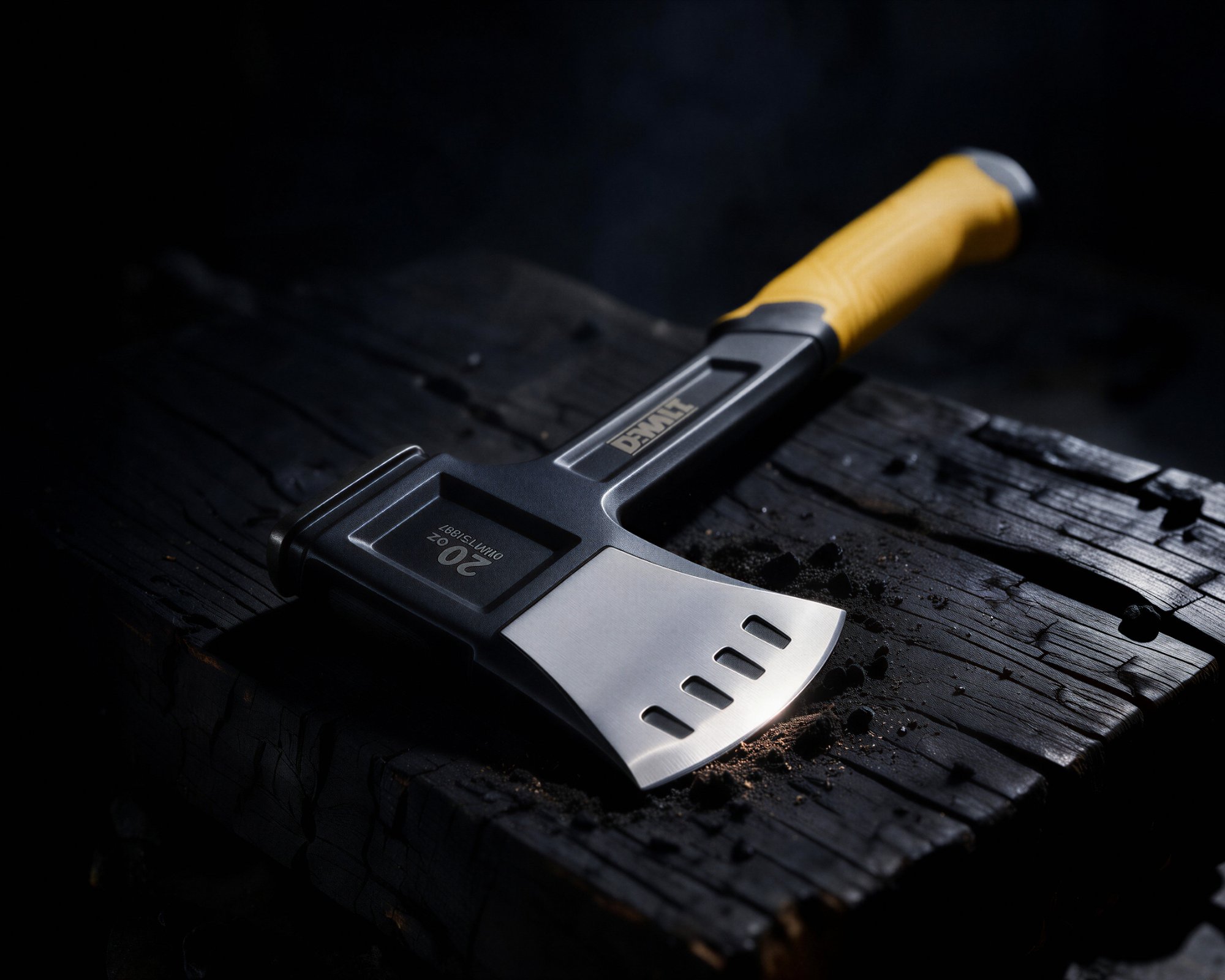 Low-key macro of the hatchet on charred timber, edge light on the blade