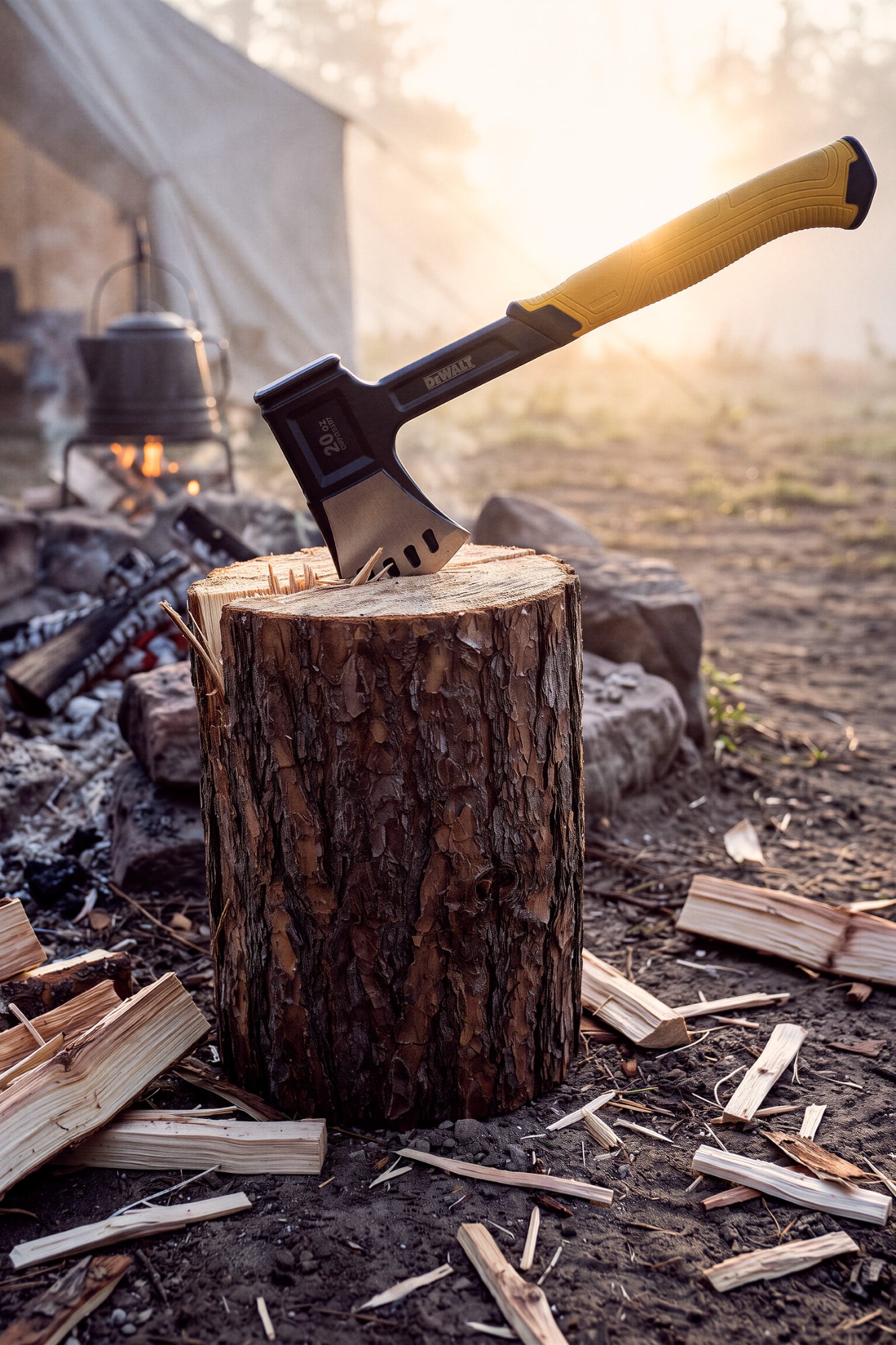 The hatchet in a split log on the chopping stump at golden-hour sunrise