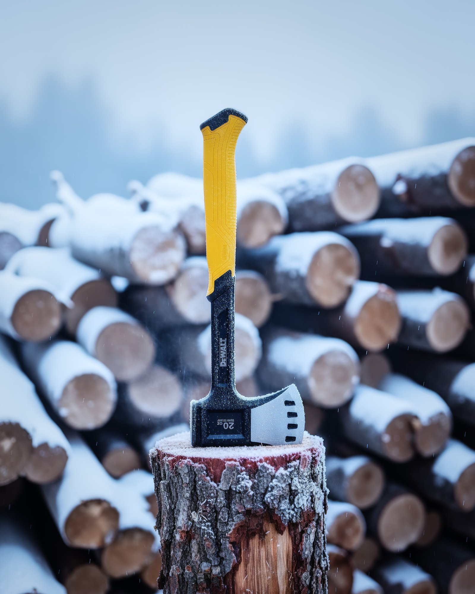 The hatchet standing in a frosted stump in front of a snow-covered log pile