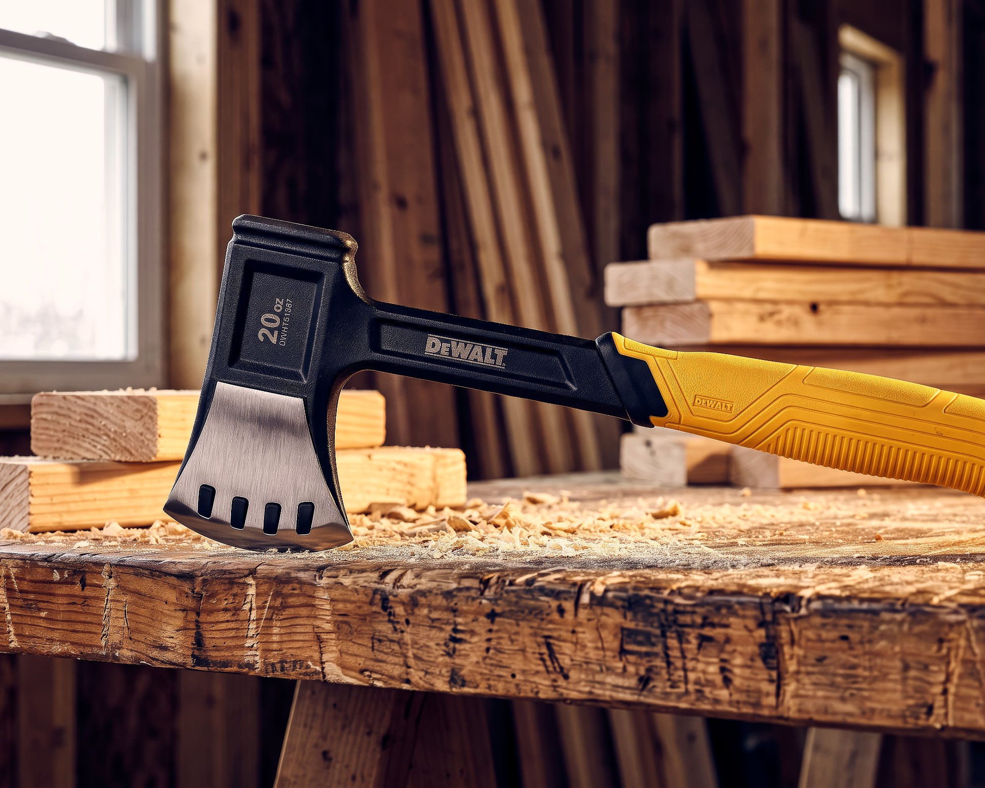 The hatchet on a workbench in a framing shop, sawdust and lumber around it