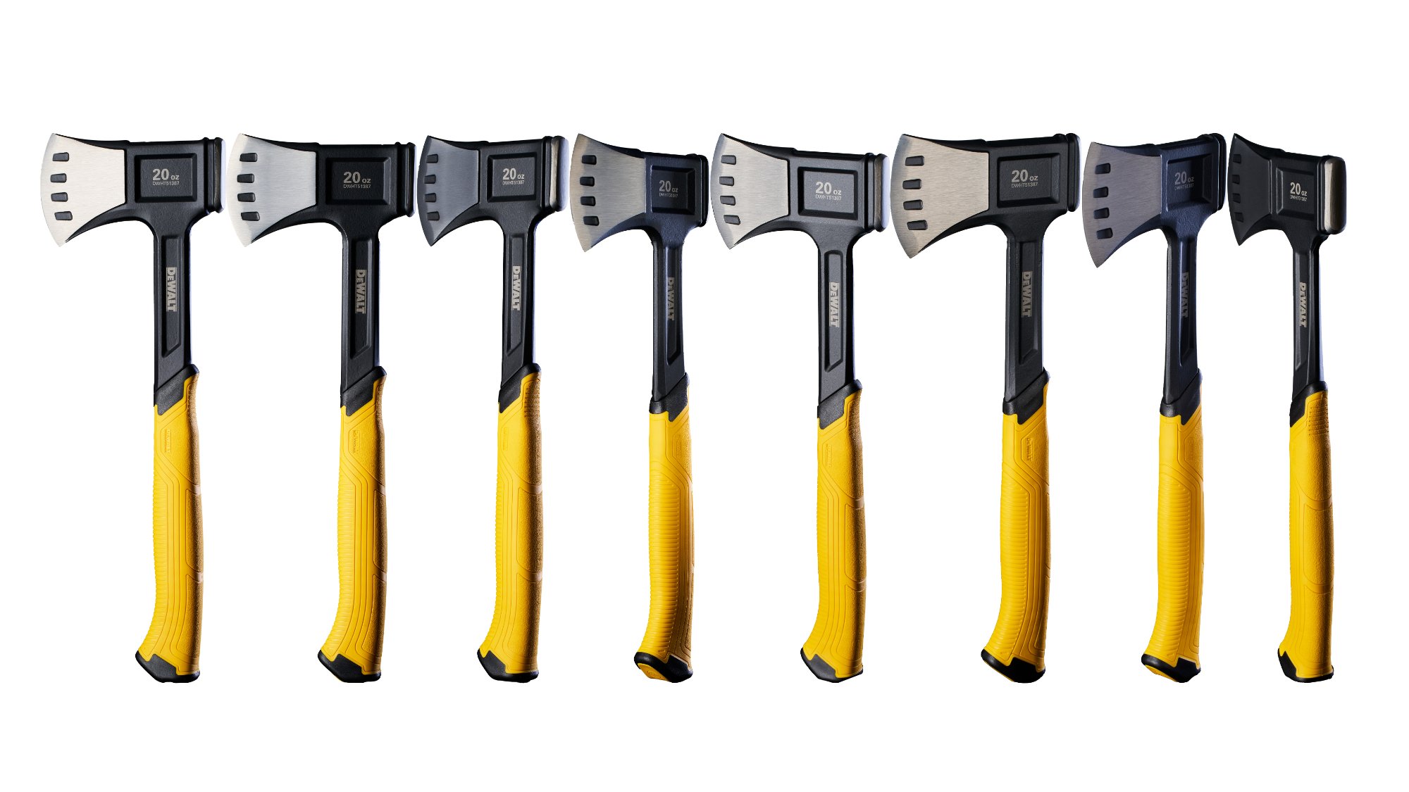 The eight clean capture plates of the DeWalt hatchet — level and 45-degree rotations on white, ready to become a reusable element