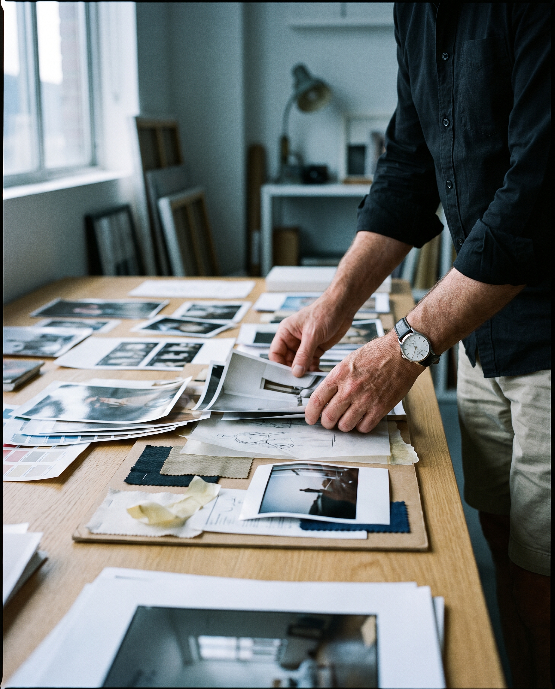 Mark Bowers reviewing prints and reference material on a studio table